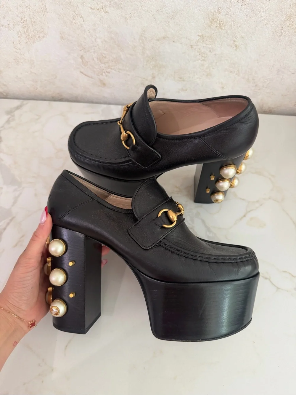 Gucci Black Leather Platform Loafers with Gold Hardware and Pearl Heel Size 38